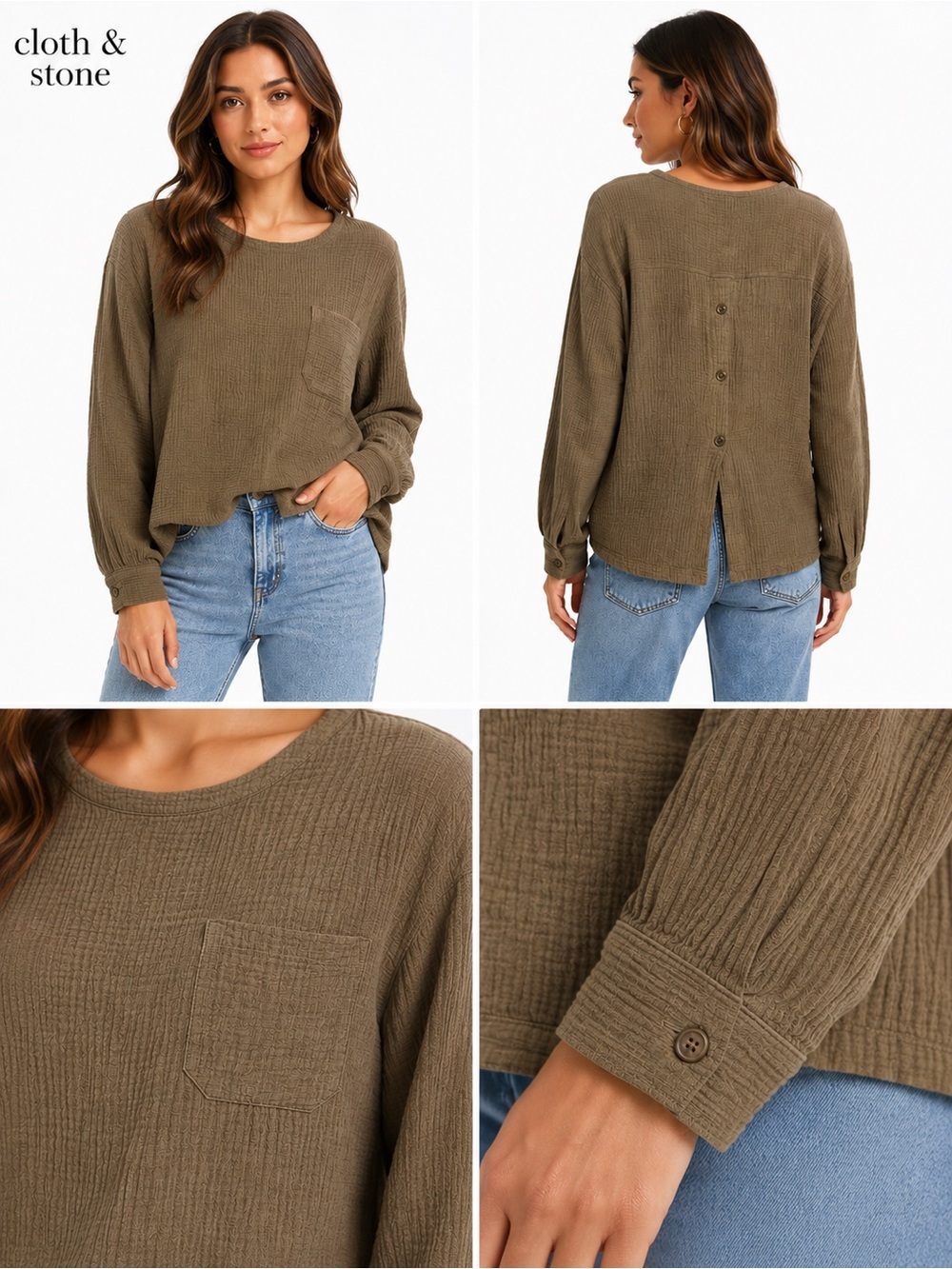 Cloth & Stone Olive Cotton Gauze Top Medium Boho Button Back Blouse granola girl
